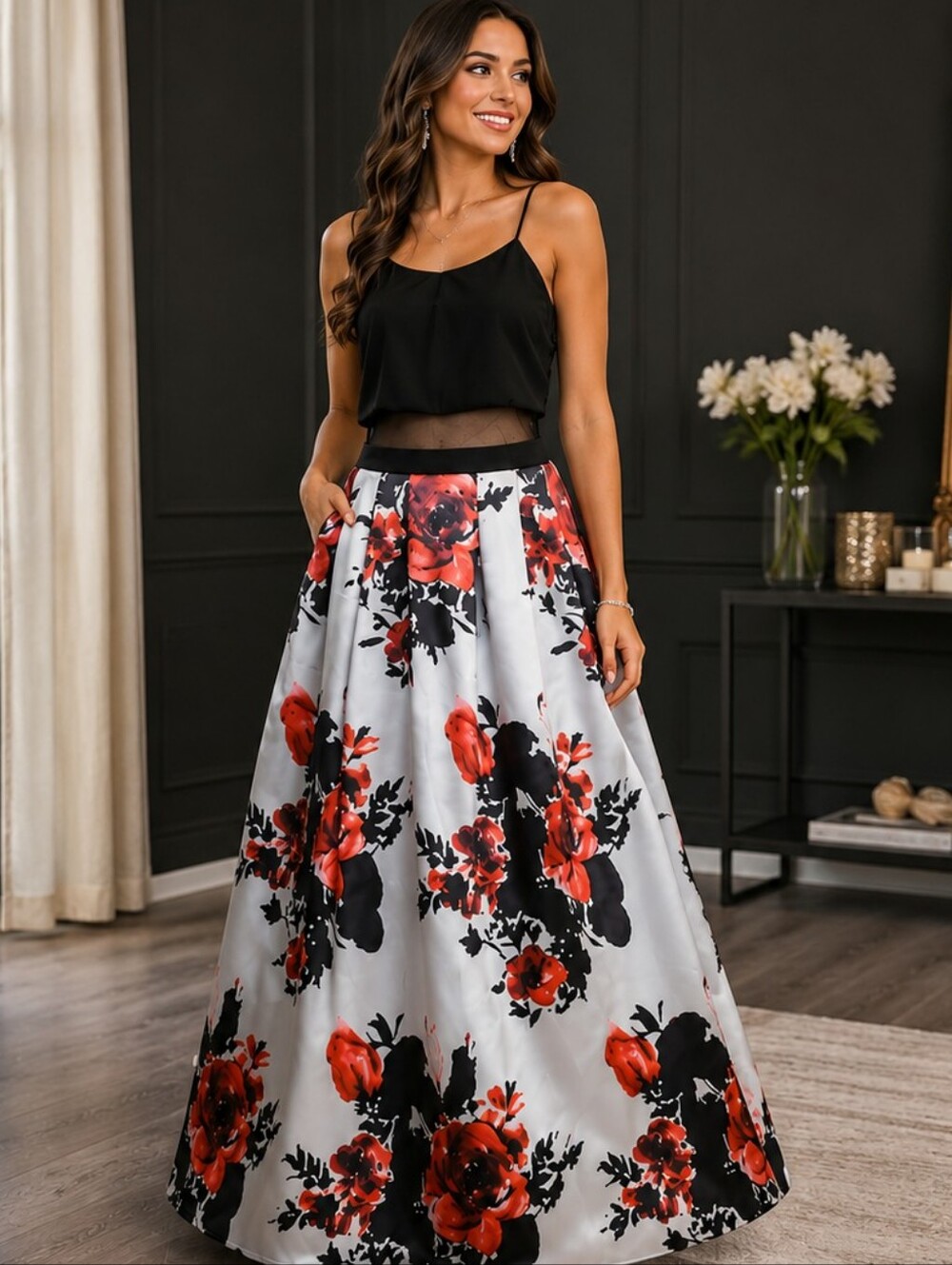 Betsey & Adam Floral Ballgown | Mesh Waist Formal Dress | Prom Gown